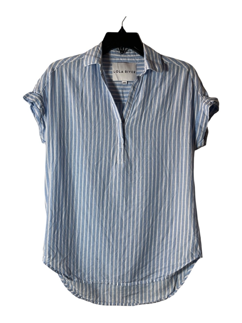 Lola River Blue & White Striped Short Sleeve Popover Blouse Sz XS